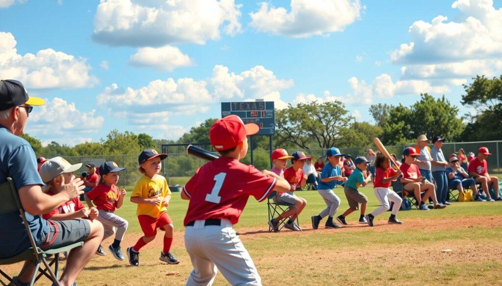 A vibrant scene depicting Texas youth sports culture, focusing on a lively little league baseball game in a local park. In the foreground, a group of enthusiastic young players in colorful uniforms, wearing caps, are energetically fielding and batting. The middle ground shows engaged parents and coaches cheering from folding chairs, some holding snacks and drinks, creating a warm communal atmosphere. In the background, a bright blue sky with fluffy white clouds sets the scene, while distant trees and a rustic scoreboard add character. Soft sunlight bathes the field, casting gentle shadows, suggesting late afternoon. The overall mood is one of excitement, teamwork, and community spirit, capturing the essence of local sports culture in Texas.