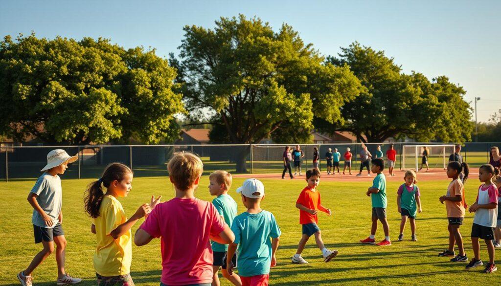 In a sunlit Texas youth sports complex, energetic young athletes in colorful jerseys engage in various sports activities, showcasing their passion while adjusting to the heat. In the foreground, a diverse group of children—some wearing sunhats and applying sunscreen—participate in a soccer drill, with their coach guiding them enthusiastically. The middle ground features a baseball field where kids take a water break, wearing breathable athletic gear. Lush green trees swaying gently in the warm breeze provide shade in the background, illustrating the adaptability of sports communities. The lighting captures the golden hour glow, emphasizing the active mood. Shot from a slightly elevated angle, this vibrant scene conveys resilience, camaraderie, and the joy of youth sports under the Texas sun.
