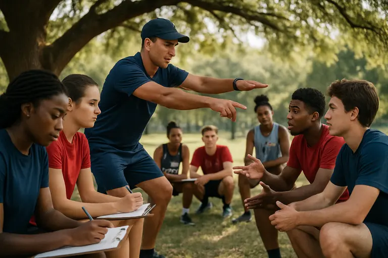 A youth soccer coach gives instructions while players listen during practice