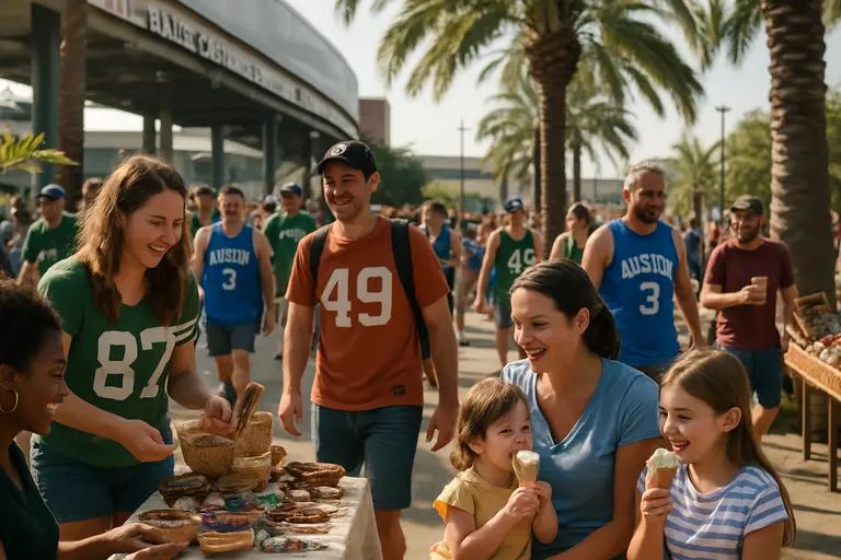 Families walking from a parking area toward youth baseball fields