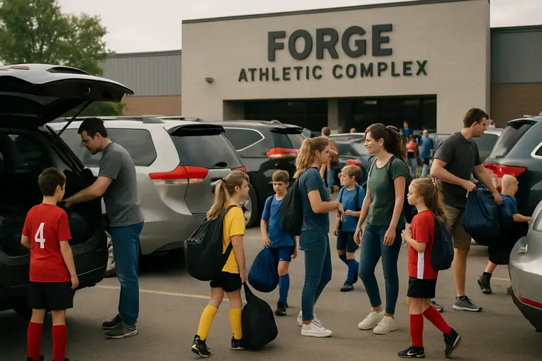 Families entering an indoor sports venue before a youth tournament