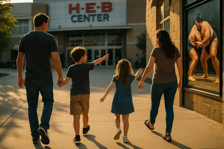 Parents and young athletes walking toward an arena entrance before an event