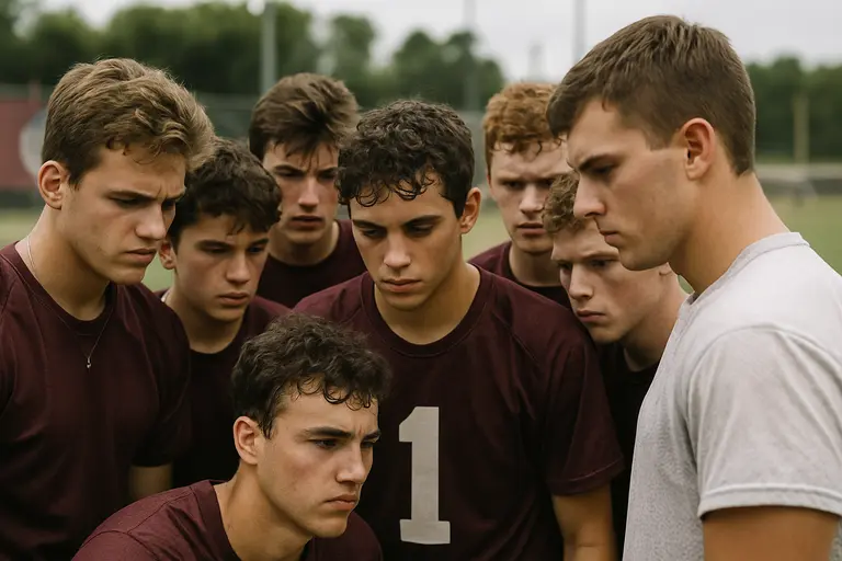 Coach speaks with concerned parents near a youth sports practice field