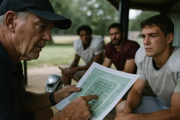 Coach checking practice conditions while players gather near shaded sideline equipment