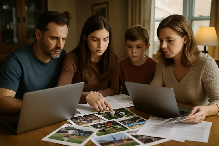 Family writing questions on a notepad during a local planning meeting