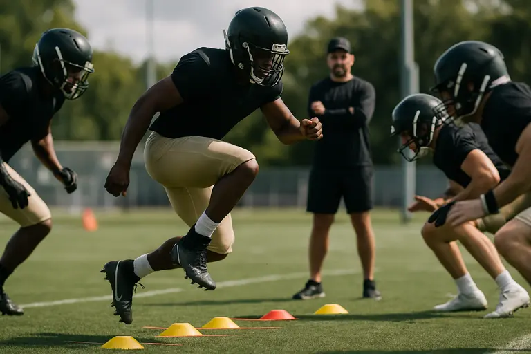 Football linemen and skill players running footwork drills on a practice field