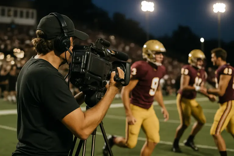 Video production staff working beside screens during a college football game