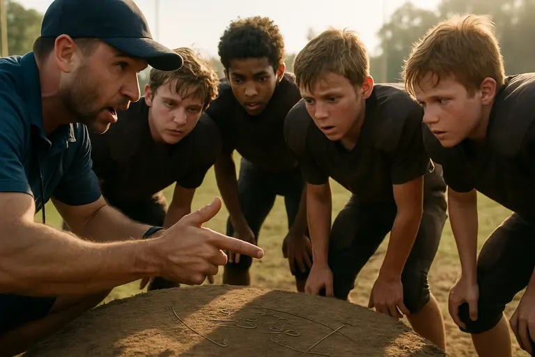 Volunteer checks a team schedule on a clipboard near youth sports equipment