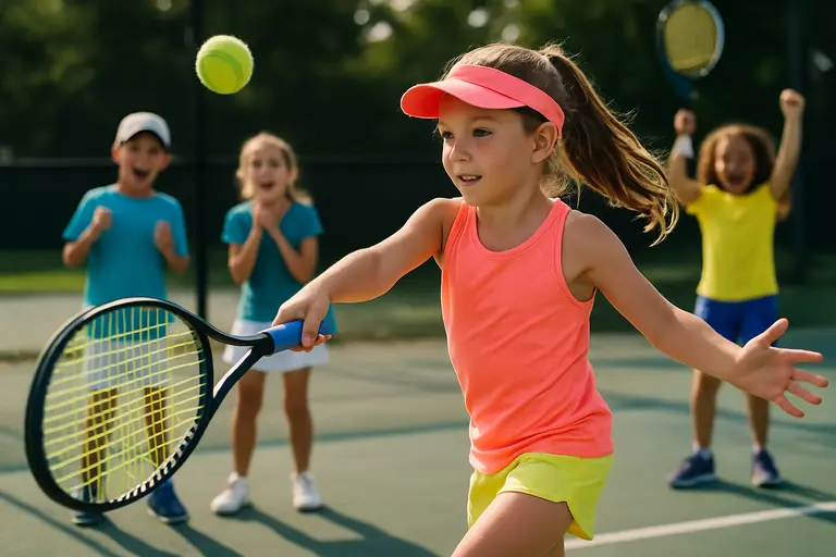 Youth player swinging at a ball while a doubles partner reacts nearby