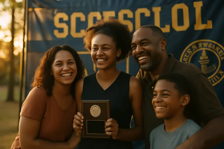 A student section cheers while a trophy is presented on a Texas high school football field