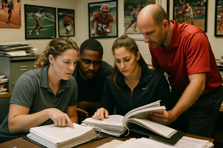 Athletic office desk with folders, schedules, and football equipment nearby