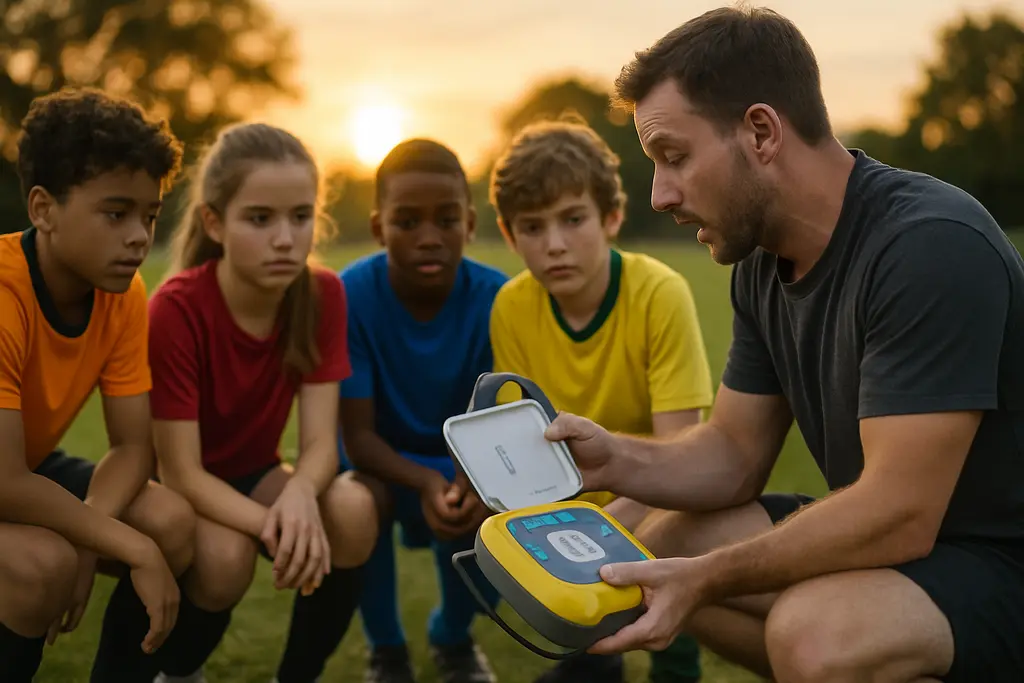 Cardiac Emergency Preparedness drill at a youth football field with coaches and an AED case nearby