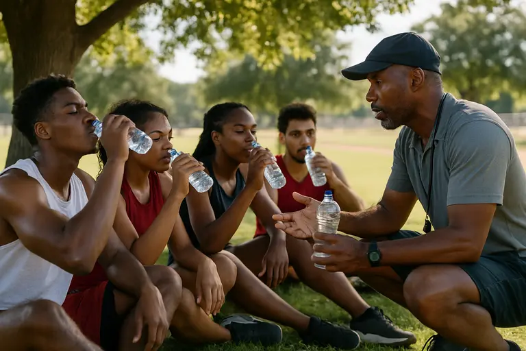 Cross country athletes rest with water bottles after a shaded interval session