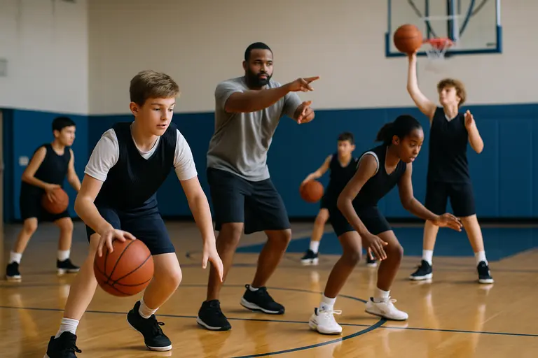 High school basketball team practicing half-court offense in a gym
