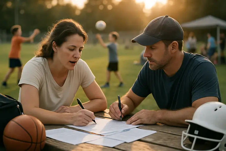 Parent helping a young child prepare for a youth sports class near indoor courts