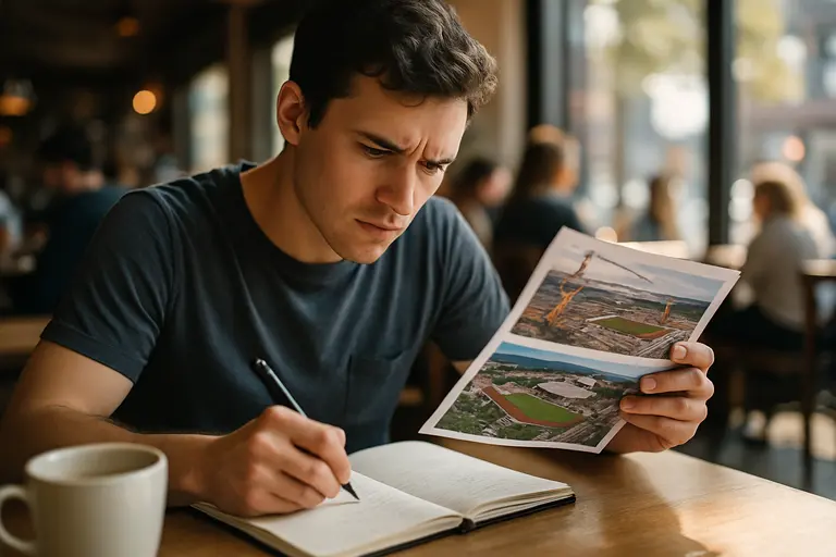 Tablet showing a route map beside a hard hat and stadium planning documents