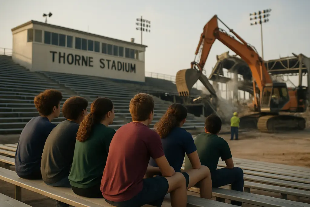Thorne Stadium replacement construction view with field, seating, and school sports access routes
