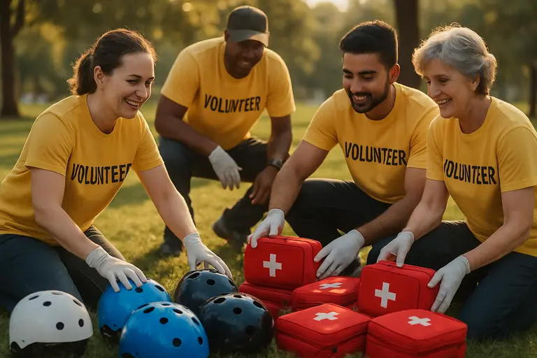 Volunteer checking field equipment before a youth football practice