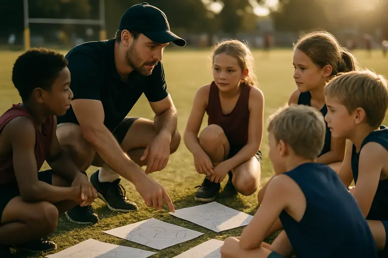 Youth coach talking with players beside an outdoor court during practice