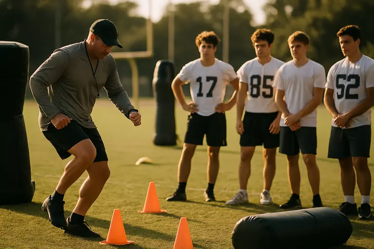Youth football players practice ball security and pursuit during a drill