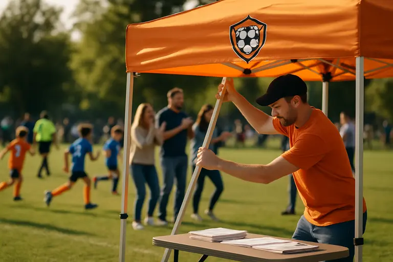Youth soccer players sprinting while a coach watches from the sideline
