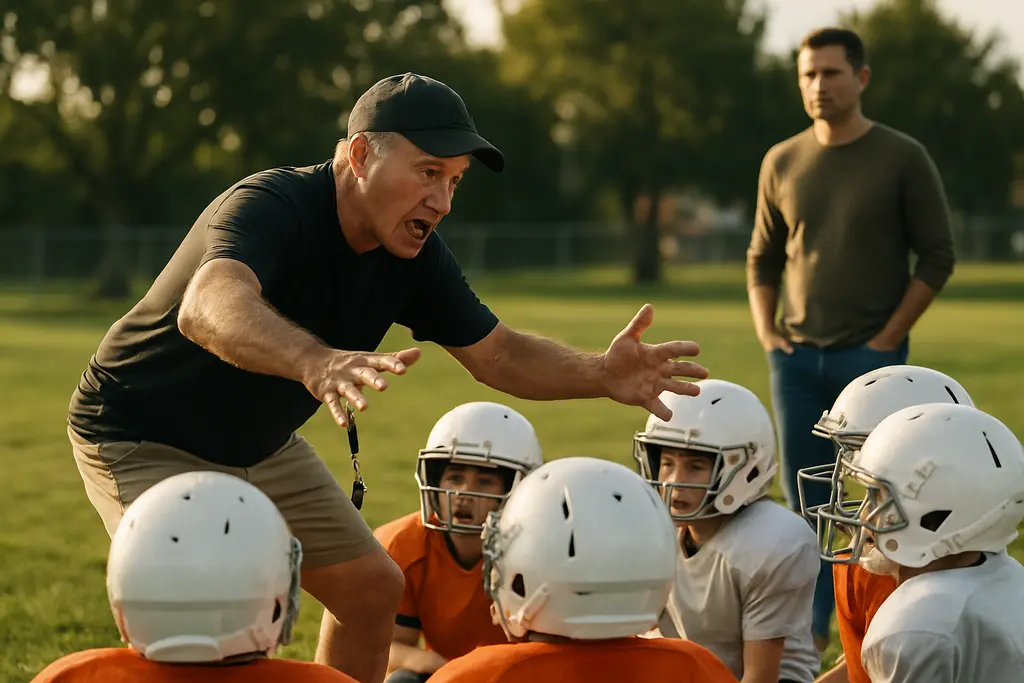 Youth sports safety drill with coaches and young football players near a practice field
