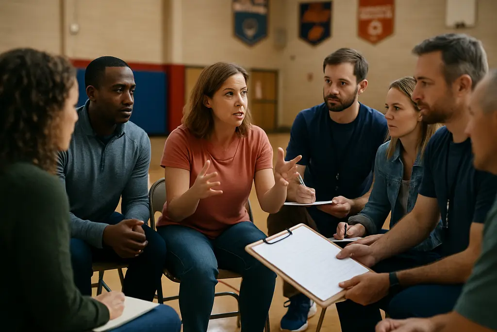 Youth Sports Safety talk with coach, parents, and players gathered near a practice field